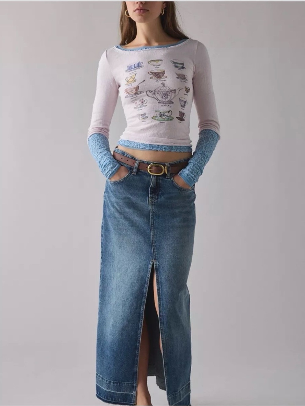Kimchi Blue Pink Cropped Long Sleeve Top with Blue Trim & Teacup Print